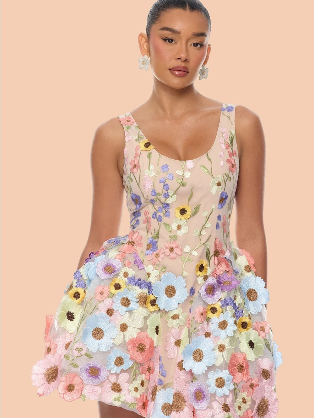 Fashion Nova Pastel Floral Appliqué Mini Dress - Pink/Nude